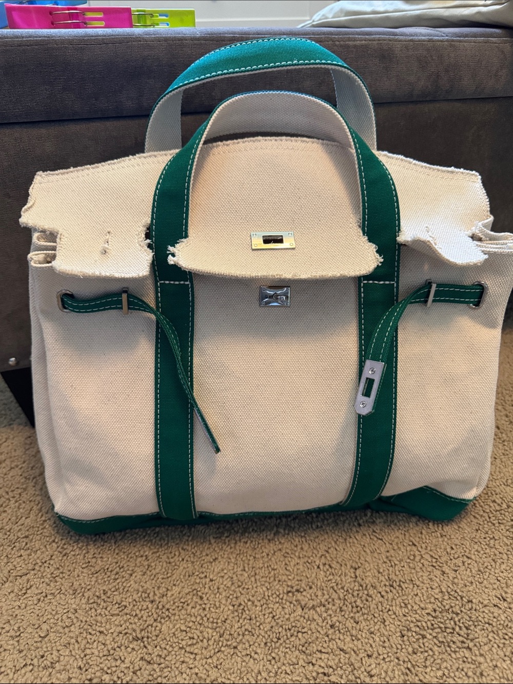 Canvas Tote “Boatkin” Bag with Green Trim - NWT (LG)